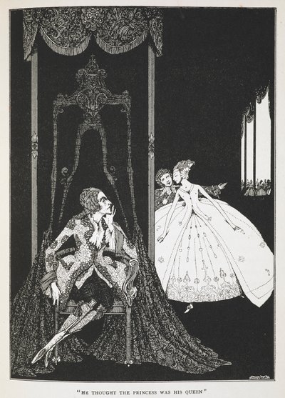 "Han trodde prinsessen var hans dronning". Illustrasjon til historien, 'eselskinn'. av Harry Clarke