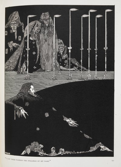 "Jeg så dem lage stavelsene i navnet mitt". Illustrasjon til historien, "gropen og pendelen". av Harry Clarke