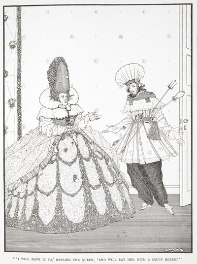 "Jeg vil ha det slik," svarte dronningen, "og vil spise henne med en saus Robert." Illustrasjon til historien, 'den sovende skjønnheten i skogen'. av Harry Clarke