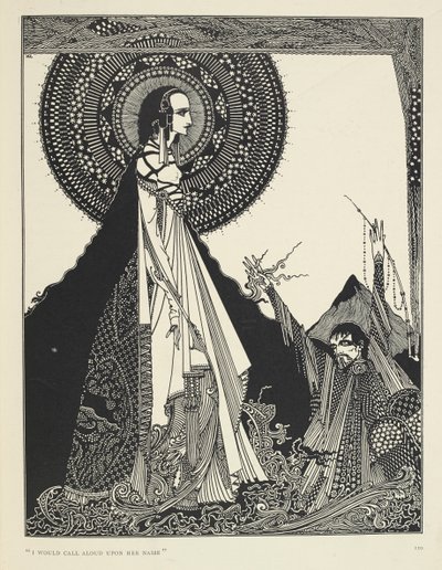 "Jeg ville ropt høyt på navnet hennes." Illustrasjon av Ligeia, en novelle. «Ligeia» er en novelle av Edgar Allan Poe. Historien følger en ikke navngitt forteller og hans kone Ligeia, en vakker og intelligent ravnhåret kvinne. Hun blir syk, kompo av Harry Clarke