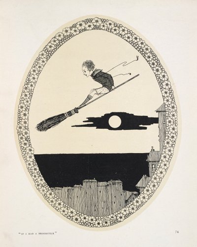 "Hvis jeg hadde et kosteskaft". Illustrasjon til et dikt Av Patrick R. Chalmers. En gutt på et kosteskaft av Harry Clarke