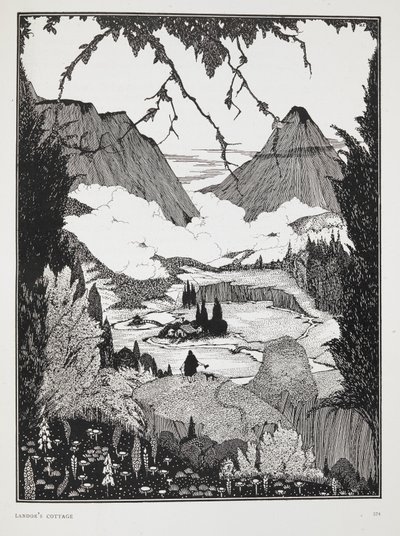 Illustrasjon til historien 'Landors hytte'.. Et fjellandskap. av Harry Clarke