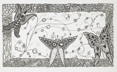 Illustrasjon for historien, 'The Master Cat or Puss in Boots'. Et sommerfugldesign. av Harry Clarke