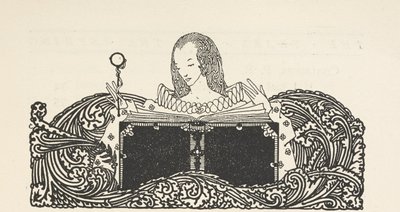 Illustrasjon, som viser en kvinne som leser en bok, øverst på innholdssiden. av Harry Clarke