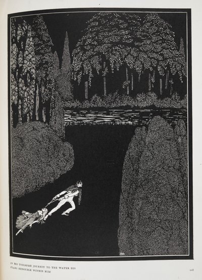 På hans slitsomme reise til vannet fordobles frykten hans. Illustrasjon til historien, 'Mysteriet om Marie Roget'. av Harry Clarke