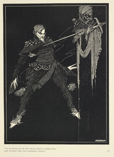 "I min død, se ved dette bildet, som er ditt eget, hvor fullstendig du har myrdet deg selv". Fortellerens dobbeltgjenger, i "William Wilson," The Gift (1839). av Harry Clarke