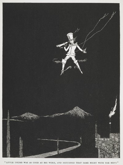 "Lille tommel var så godt som hans ord, og kom tilbake samme kveld med nyheten." En budbringer som flyr gjennom nattehimmelen. Illustrasjon for historien, "liten tommel." av Harry Clarke