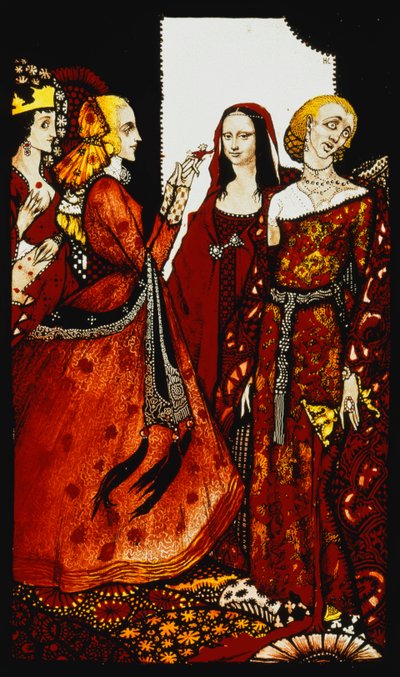 Dronninger hvis finger en gang rørte menn." "Queens", ni glasspaneler surret, beiset og malt, Illustrerer J.M. Synges dikt, 1917 av Harry Clarke