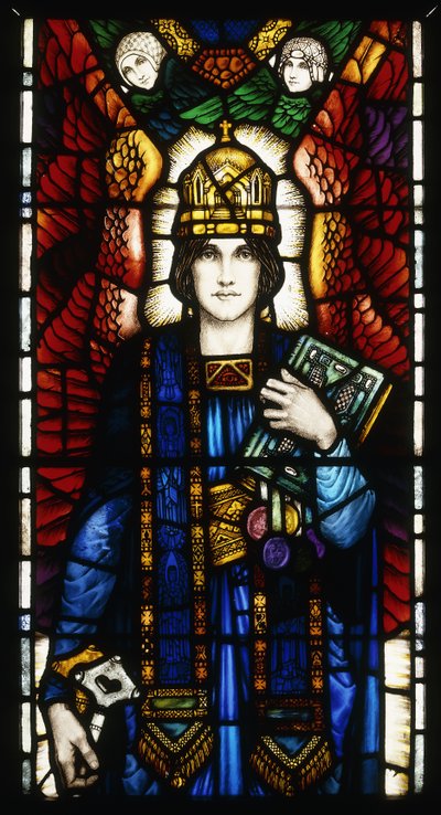 St. Peter", et farget glasspanel, som viser den bevingede ungdommelige St. Peter iført en mitre, og holder symbolske nøkler og bok, med et par ledsagende engler, ca. 1910-13 av Harry Clarke