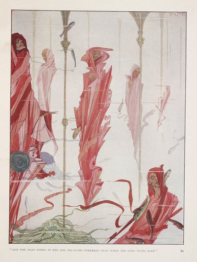 Den døende patrioten. "Og de døde kledd i rødt og sjøliljer svaier over hodet når de lange vindene blåser" av Harry Clarke