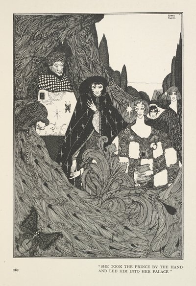 Paradisets hage. Hun tok prinsen i hånden og førte ham inn i palasset sitt. av Harry Clarke