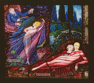 Genèvevinduet som viser Mr Gilhooley av Liam OFlaherty og Deirdre av George Russell, 1929 av Harry Clarke