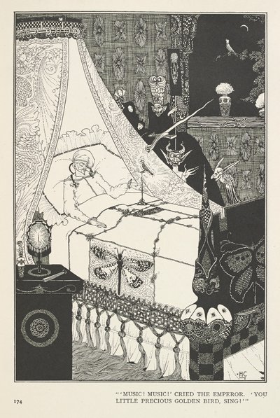 Nattergalen. "Musikk! Musikk!" ropte keiseren. "Din lille dyrebare gullfugl, syng!" av Harry Clarke