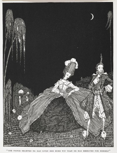 "Prinsen trodde han hadde gitt henne mer vidd enn han hadde reservert for seg selv." Illustrasjon til historien, 'Riquet with the tuft'. av Harry Clarke