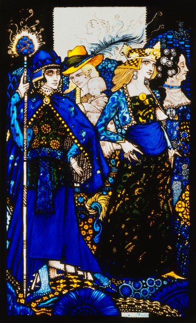 The Queens of Sheba, Meath and Connaught". "Queens", ni glasspaneler surret, beiset og malt, Illustrerer J.M. Synges dikt, 1917 av Harry Clarke