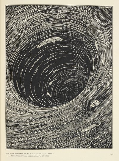 "Båten så ut til å henge ... på den indre overflaten av en trakt stor i omkrets." Illustrasjon for historien 'en nedstigning i malstrømmen'. av Harry Clarke