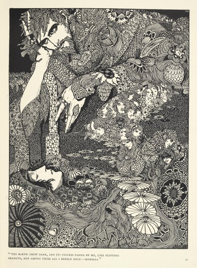 "Jorden ble mørk, og dens skikkelser gikk forbi meg, som blafrende skygger ... Morella." Illustrasjon til historien 'Morella'. av Harry Clarke