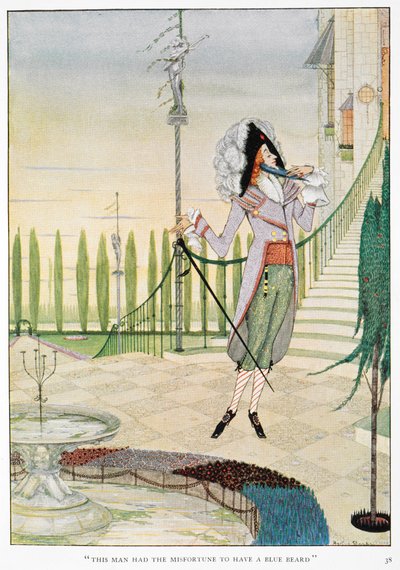 "Denne mannen var så uheldig å ha blåskjegg." Blåskjegg stryker seg over skjegget. av Harry Clarke