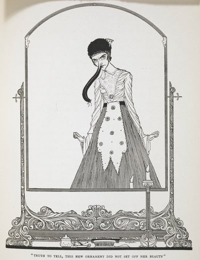 "Sannelig å si, dette nye ornamentet utløste ikke hennes skjønnhet." Illustrasjon til historien, 'de latterlige ønskene'. av Harry Clarke