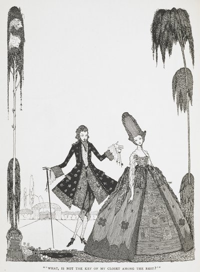 "Hva, er ikke nøkkelen til skapet mitt blant resten?" Illustrasjon til historien, 'Blue Beard'. av Harry Clarke