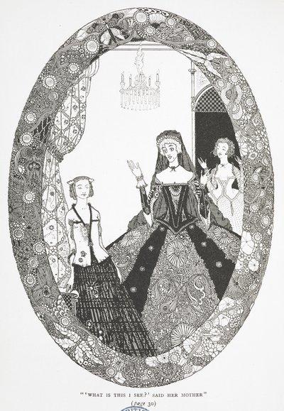 "Hva er dette jeg ser?" sa moren hennes." Illustrasjon til historien 'feen'. av Harry Clarke