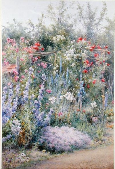 Hjørne av en sommerhage (akvarell på papir) av Harry E. James