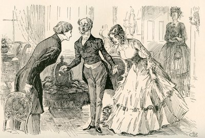 David møter Dora og Miss Murdstone. "Mr. Copperfield, min datter Dora, og min datter Doras fortrolige venn, Miss Murdstone!". Illustrasjon av Harry Furniss for Charles Dickens-romanen David Copperfield, fra The Testimonial Edition, utgitt 19. av Harry Furniss