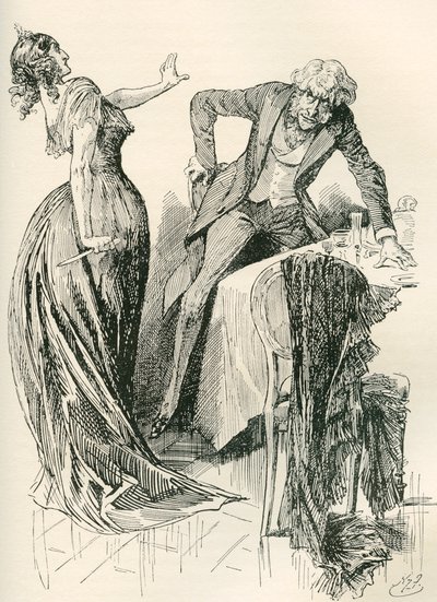 Edith og Mr. Carker. "Han kom muntert mot henne, da hun på et øyeblikk tok kniven opp fra bordet og begynte et skritt tilbake. "Stå stille," sa hun, "eller jeg skal myrde deg!" Illustrasjon av Harry Furniss for Charles Dickens-romanen av Harry Furniss