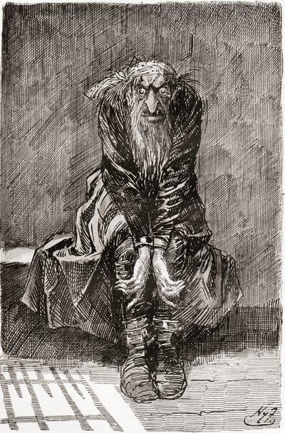 Fagin i den fordømte cellen. "Han satte seg ned på en steinbenk overfor døren, som tjente som et sete og seng, og kastet sine blodskutte øyne på bakken og prøvde å samle tankene sine." Illustrasjon av Harry Furniss for Charles Dickens-romanen av Harry Furniss