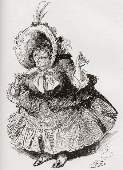 Frøken Mowcher. Illustrasjon av Harry Furniss for Charles Dickens-romanen David Copperfield, fra The Testimonial Edition, utgitt 1910. av Harry Furniss