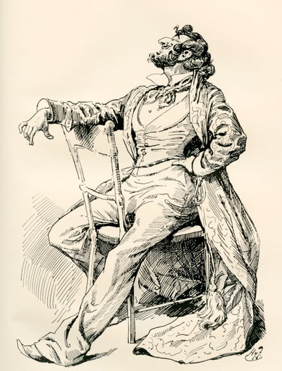 Herr Alfred Mantalini. Illustrasjon av Harry Furniss for Charles Dickens-romanen Nicholas Nickleby, fra The Testimonial Edition, utgitt 1910. av Harry Furniss
