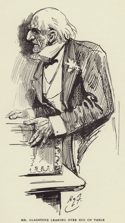 Mr Gladstone lener seg over boksen på bordet av Harry Furniss
