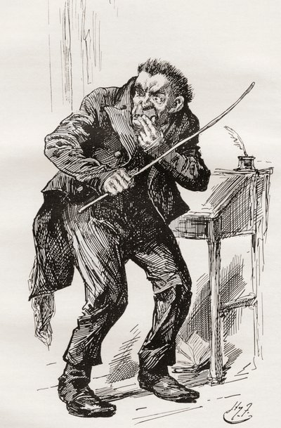 Mr. Squeers. Illustrasjon av Harry Furniss for Charles Dickens-romanen Nicholas Nickleby, fra The Testimonial Edition, utgitt 1910. av Harry Furniss