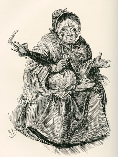 Fru Gamp. Illustrasjon av Harry Furniss for Charles Dickens-romanen Martin Chuzzlewit, fra The Testimonial Edition, utgitt 1910. av Harry Furniss