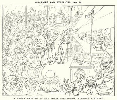 Punch tegneserie: A Merry Meeting at the Royal Institution, Albemarle Street, London (gravering) av Harry Furniss
