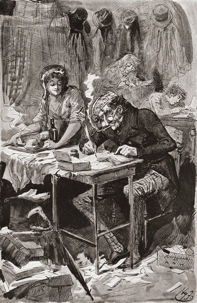 Tiggerbrevskriveren. Illustrasjon av Harry Furniss for Charles Dickens-romanen Great Expectations, fra The Testimonial Edition utgitt 1910. av Harry Furniss