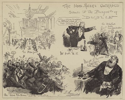 Hjemmestyrerne rasende, scener på banketten i Dublin av Harry Furniss