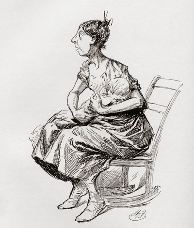 Tilly Slowboy. Illustrasjon av Harry Furniss for novellen The Cricket on the Hearth fra The Christmas Books av Charles Dickens, utgitt i The Testimonial Edition av 1910. av Harry Furniss