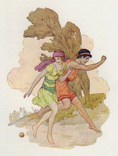 Atalanta så det falle (fargelitografi) av Harry George Theaker