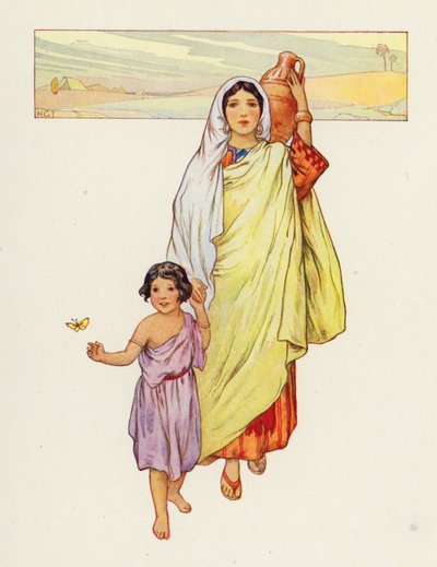 Hagar og Ismael dro ut i ødemarken (fargelitografi) av Harry George Theaker