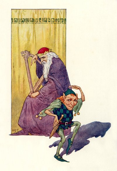 Minstreler og dverger underholder kongen (fargelitografi) av Harry George Theaker