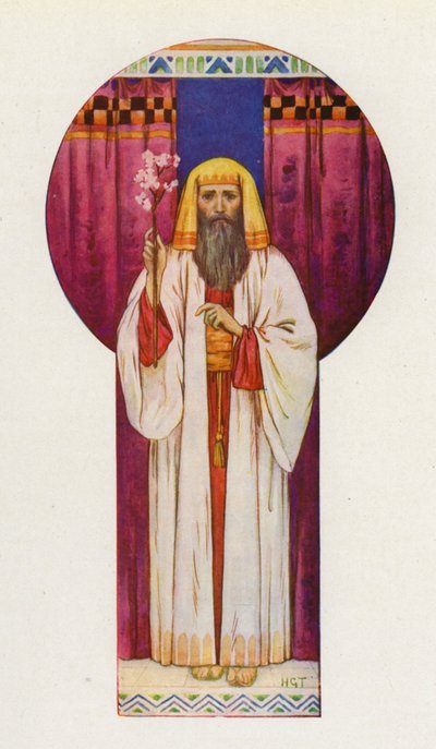 Moses holdt opp stavene (fargelitografi) av Harry George Theaker