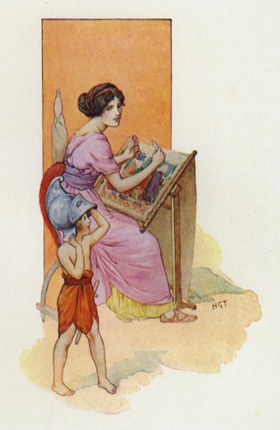 Penelope med sønnen Telemakos (fargelitografi) av Harry George Theaker