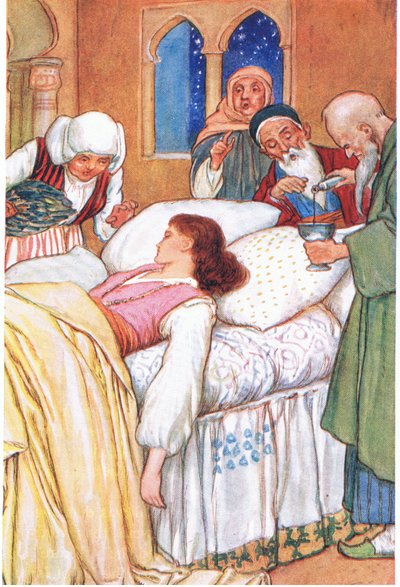 Prinsesse Aldebonda og hennes leger (fra historien (Kjærlighetens pilegrimer), illustrasjon fra #39;Fortellingene fra Alhambra#39;, ca. 1940 (fargelitografi) av Harry George Theaker