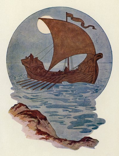 Hun ble bygget som et norrønt krigsskip (fargelitografi) av Harry George Theaker