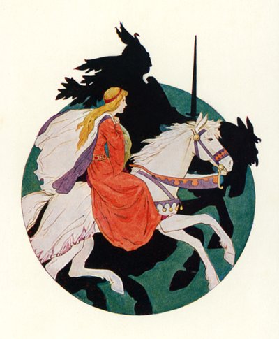 Den svarte ridderen rir av gårde med jomfruen (fargelitografi) av Harry George Theaker