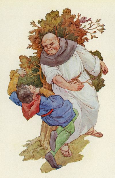 Slaget falt med et rungende smell og sendte Much i full lengde på gresset (fargelitografi) av Harry George Theaker