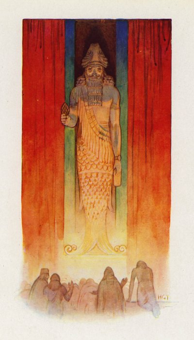 Filisternes hovedgud var en fiskegud (fargelitografi) av Harry George Theaker