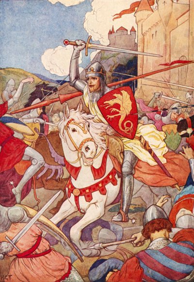 Den merkelige ridderen med blinkende sverd (fargelitografi) av Harry George Theaker