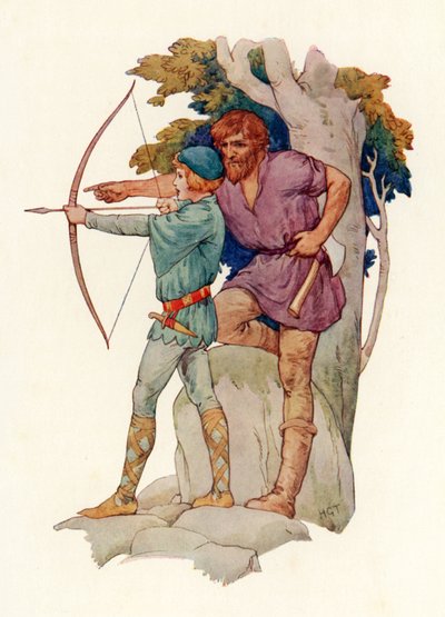 Unge Lancelot blir lært bueskyting av skogsarbeideren (fargelitografi) av Harry George Theaker